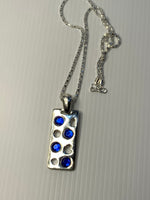 Short Necklace with Blue Rhinestone on Long Rectangle Pendant - Silver Plated