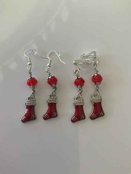 Red Crystal Christmas Stocking Charm Dangle Earrings Pierced and  Clip-On avail