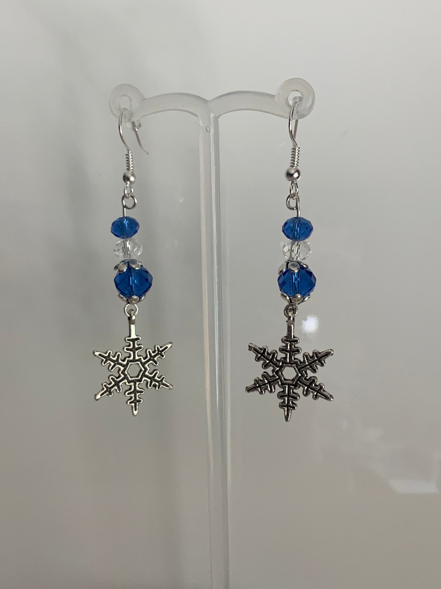 Silver Tone Snowflake Charm Dangle Crystals blue & Crystal Clear  Earrings Pierced or Clip-On  avail