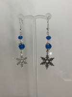 Silver Tone Snowflake Charm Dangle Crystals blue & Crystal Clear  Earrings Pierced or Clip-On  avail