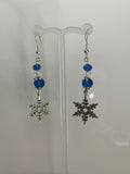 Silver Tone Snowflake Charm Dangle Crystals blue & Crystal Clear  Earrings Pierced or Clip-On  avail