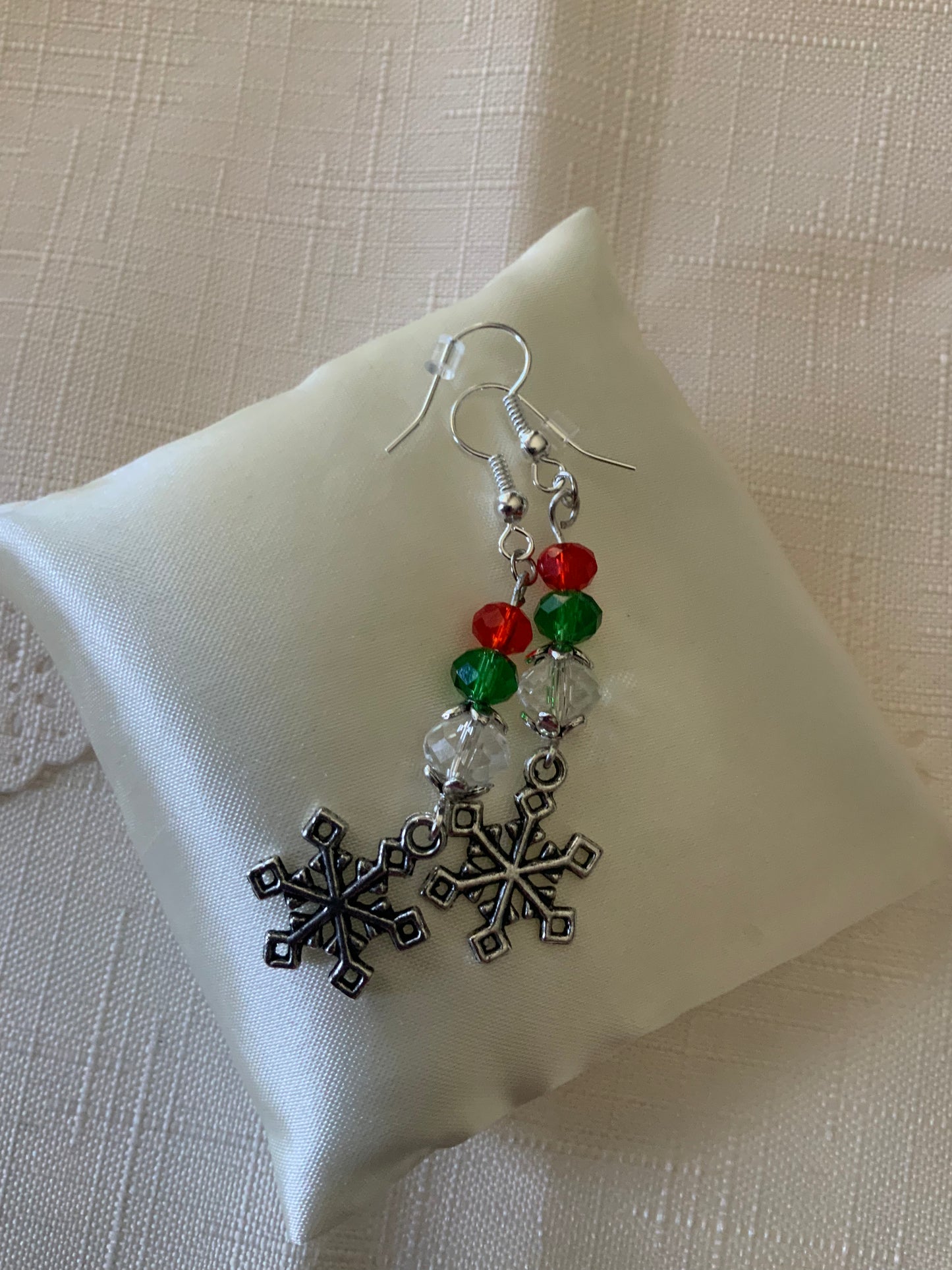 Silver Tone Snowflake Charm Dangle Crystals Red, Green & Clear Earrings Pierced or Clip-On  avail