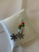 Silver Tone Snowflake Charm Dangle Crystals Red, Green & Clear Earrings Pierced or Clip-On  avail