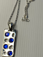Short Necklace with Blue Rhinestone on Long Rectangle Pendant - Silver Plated