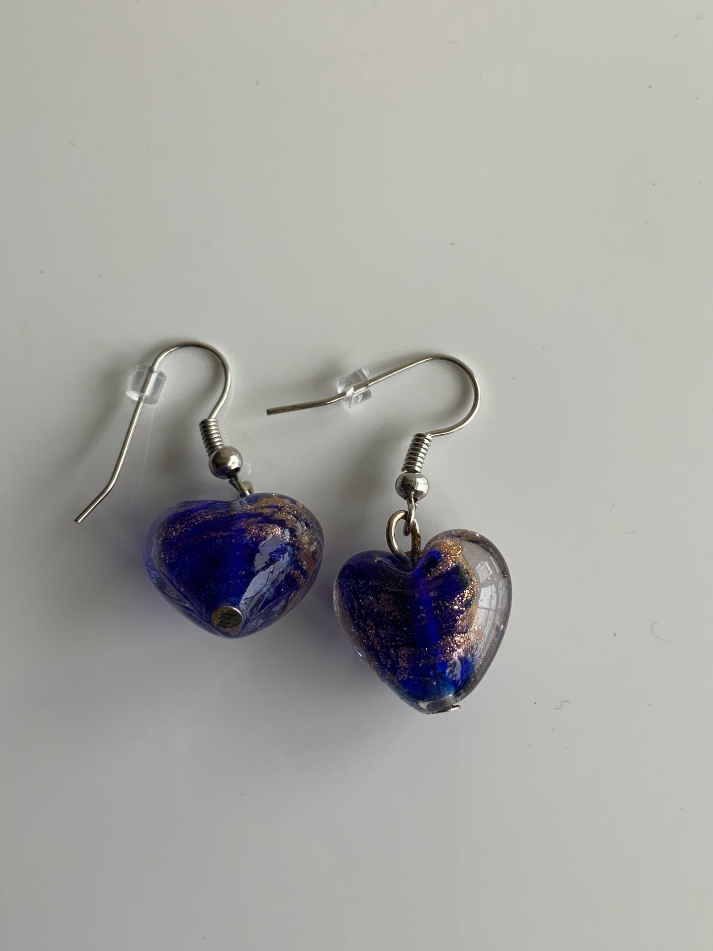 Lamp work Heart Dark Blue, Gold Fleck  Earrings Silver tone Pierced or Clip-on