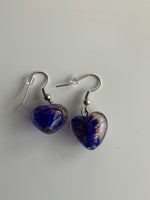 Lamp work Heart Dark Blue, Gold Fleck  Earrings Silver tone Pierced or Clip-on