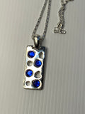 Short Necklace with Blue Rhinestone on Long Rectangle Pendant - Silver Plated