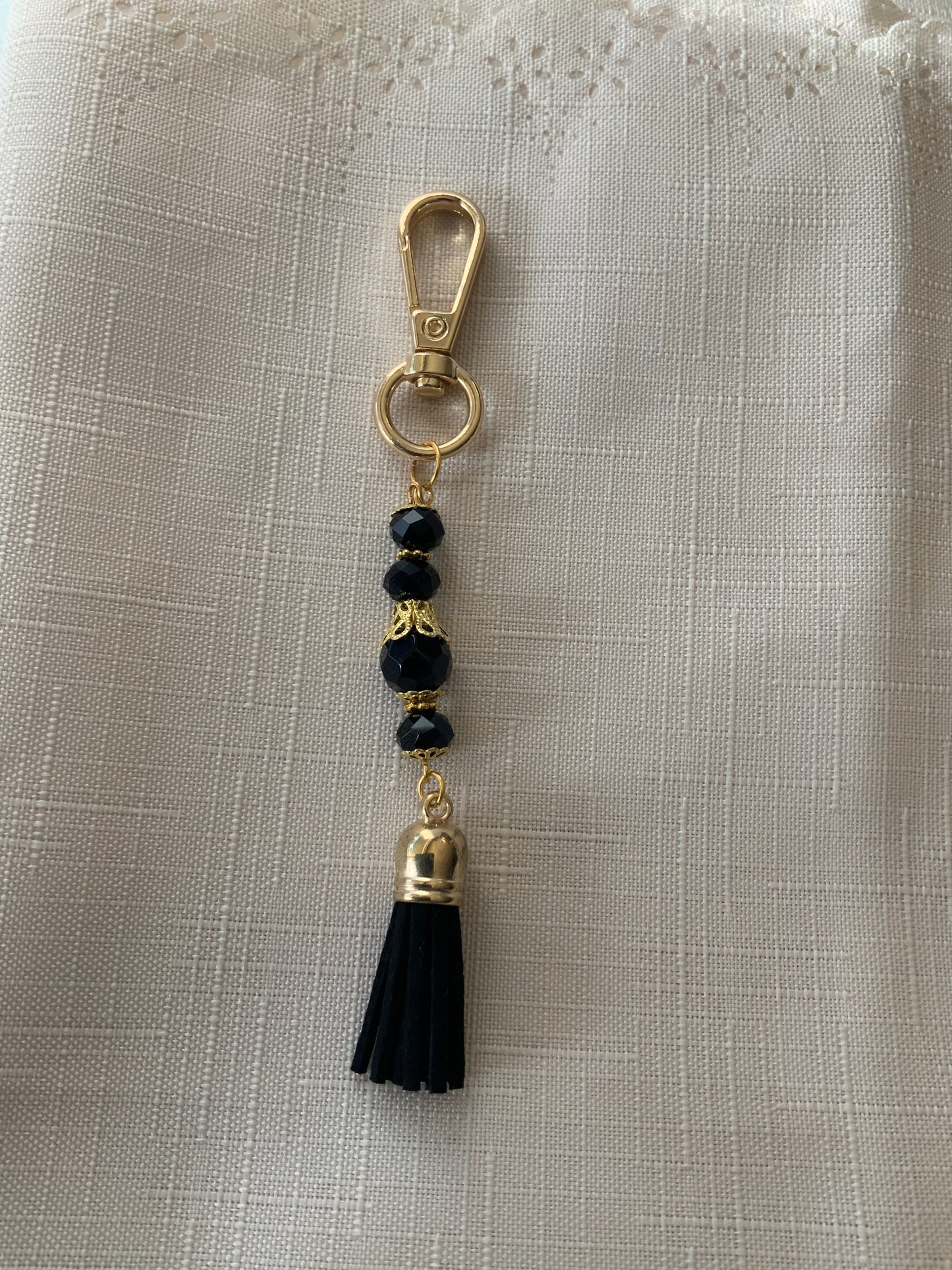Handbag Bag dangle, Key ring Dangle Clip-On Charm ~Tassel Black Pearls Crystals