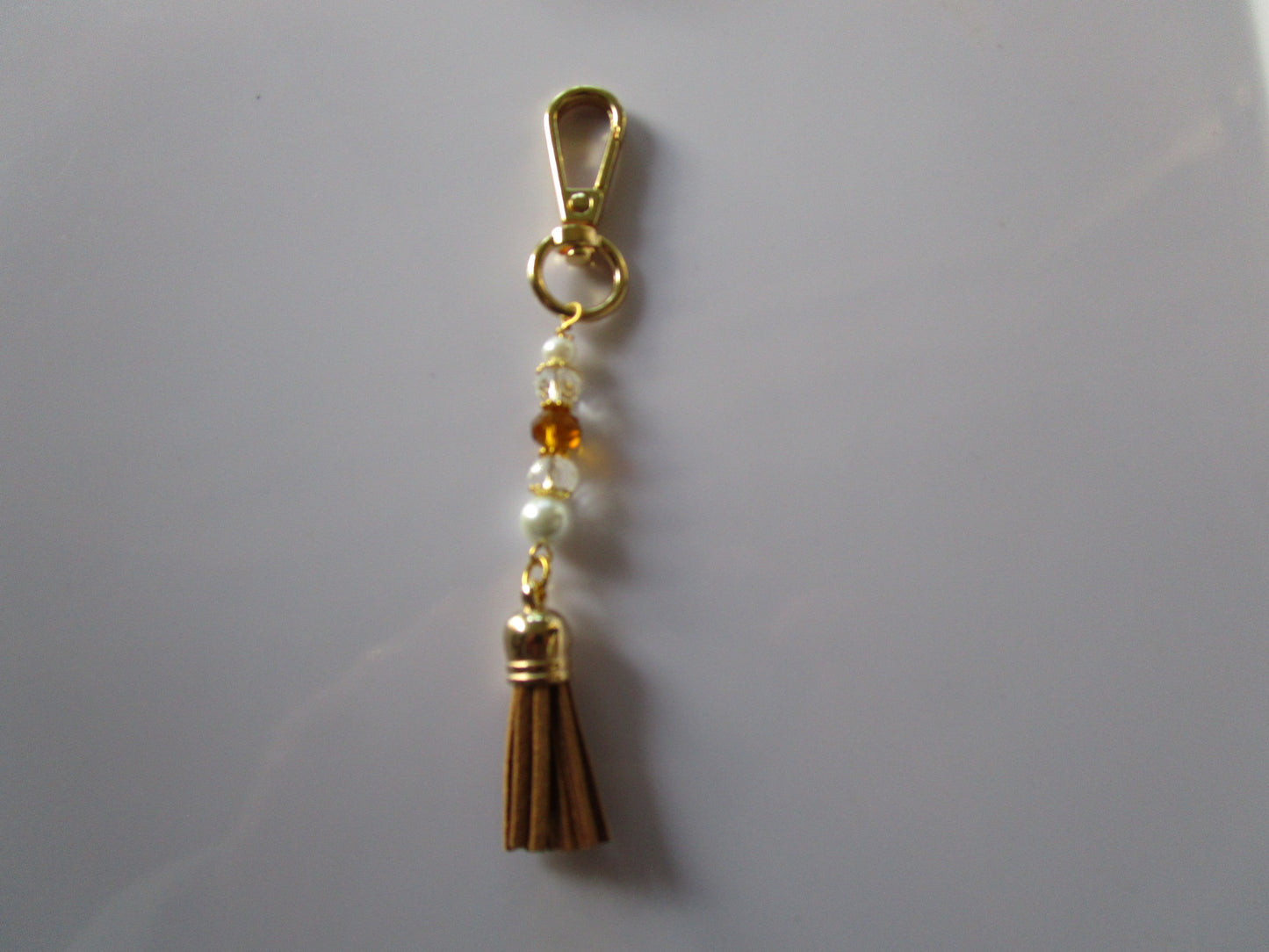 Handbag dangle, Key ring Dangle ~Tan / Brown Tassel Crystals