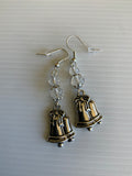 Silver Tone Double Bell Charm Dangle  Earrings Clear Crystals  Hook, Lever Pierced or Clip-on