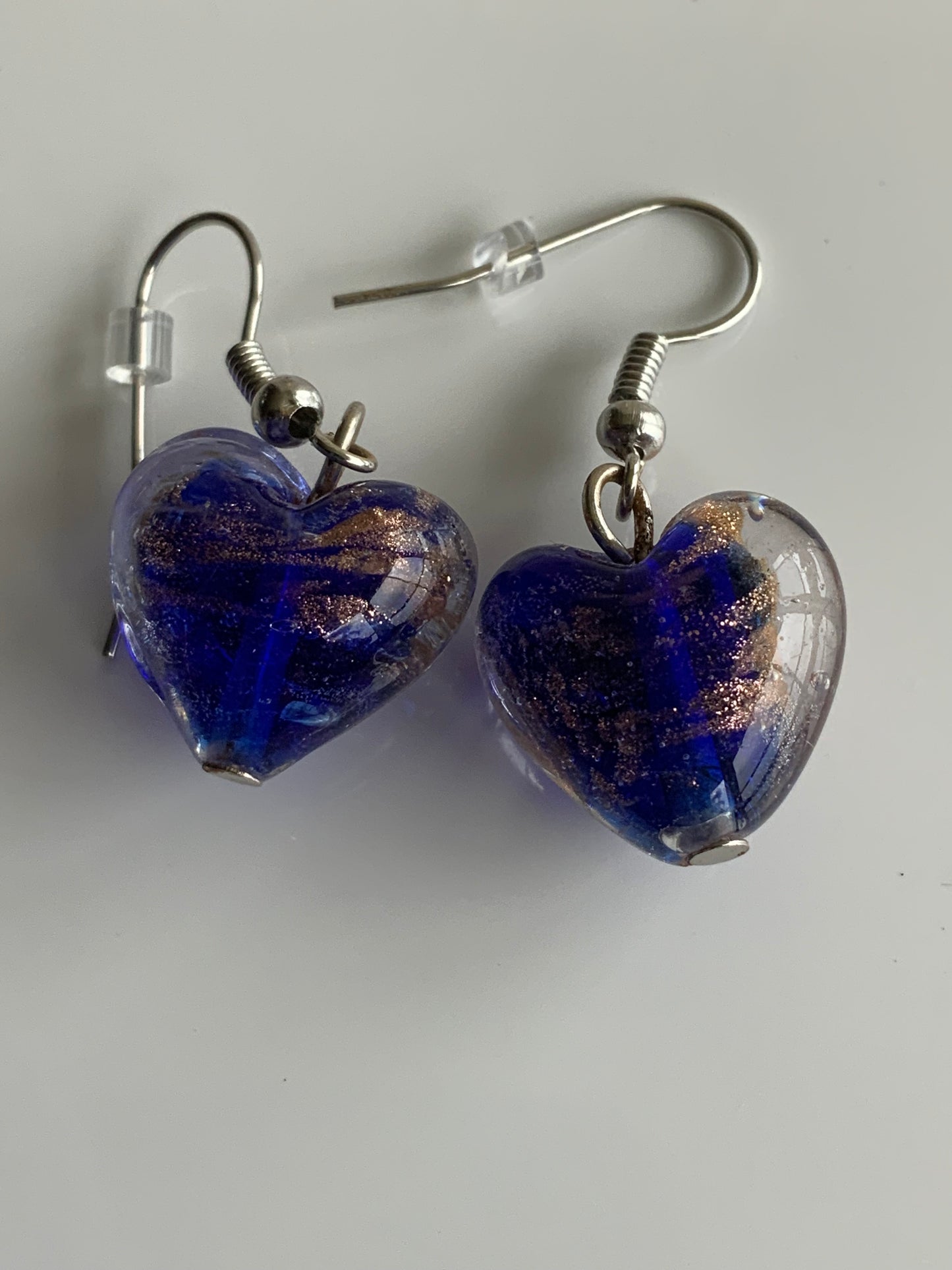 Lamp work Heart Dark Blue, Gold Fleck  Earrings Silver tone Pierced or Clip-on