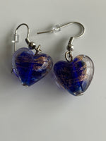 Lamp work Heart Dark Blue, Gold Fleck  Earrings Silver tone Pierced or Clip-on