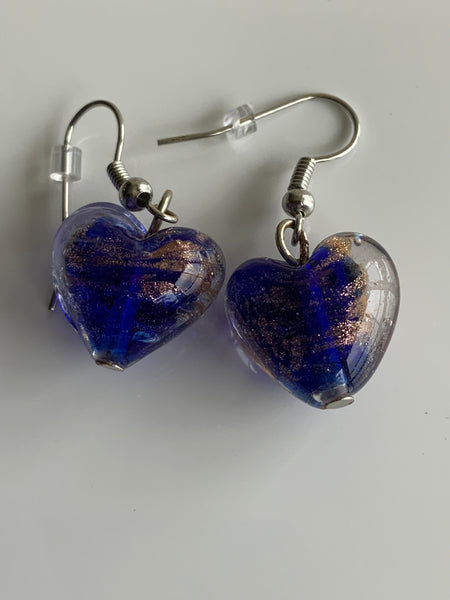 Lamp work Heart Dark Blue, Gold Fleck  Earrings Silver tone Pierced or Clip-on