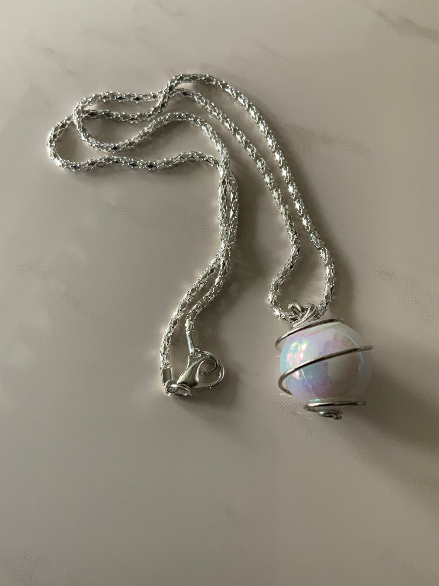 Pearlised Round Ball Caged Short Necklace Silver Plate