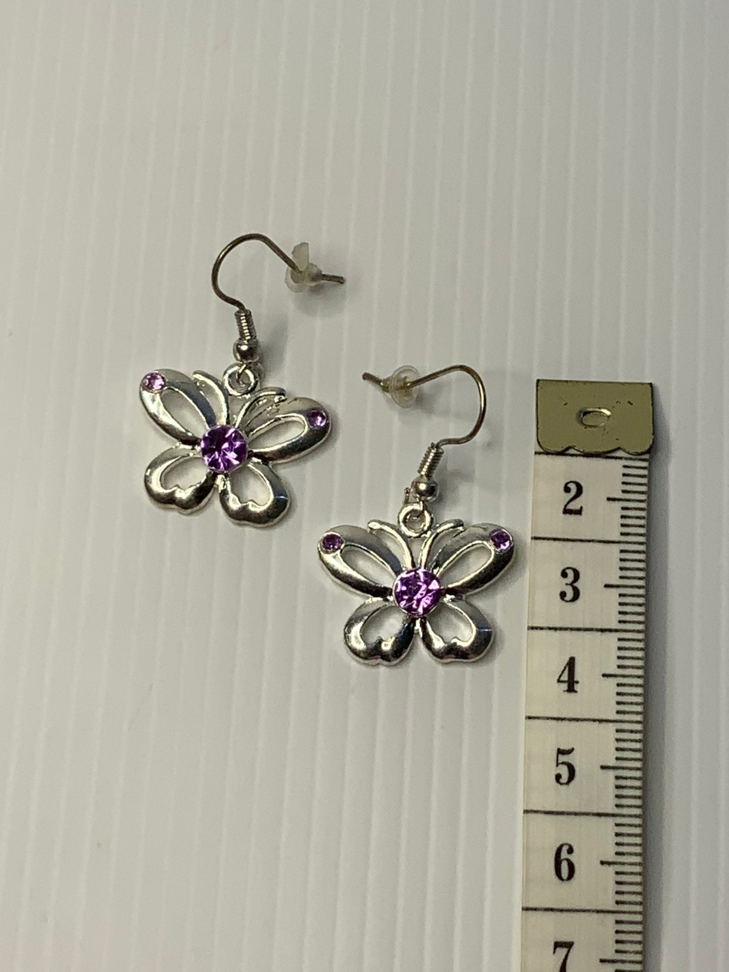 Silver Plate Butterfly Charm Earrings Purple Rhinestone Features - Pierced Ears