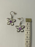 Silver Plate Butterfly Charm Earrings Purple Rhinestone Features - Pierced Ears