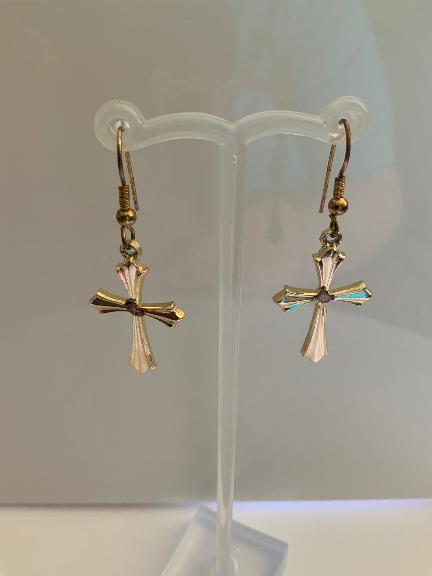 Gold Plated Detailed Cross Charm Dangle Earrings Pierced avail Clip-on