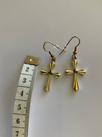 Gold Plated Detailed Cross Charm Dangle Earrings Pierced avail Clip-on
