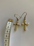 Gold Plated Detailed Cross Charm Dangle Earrings Pierced avail Clip-on