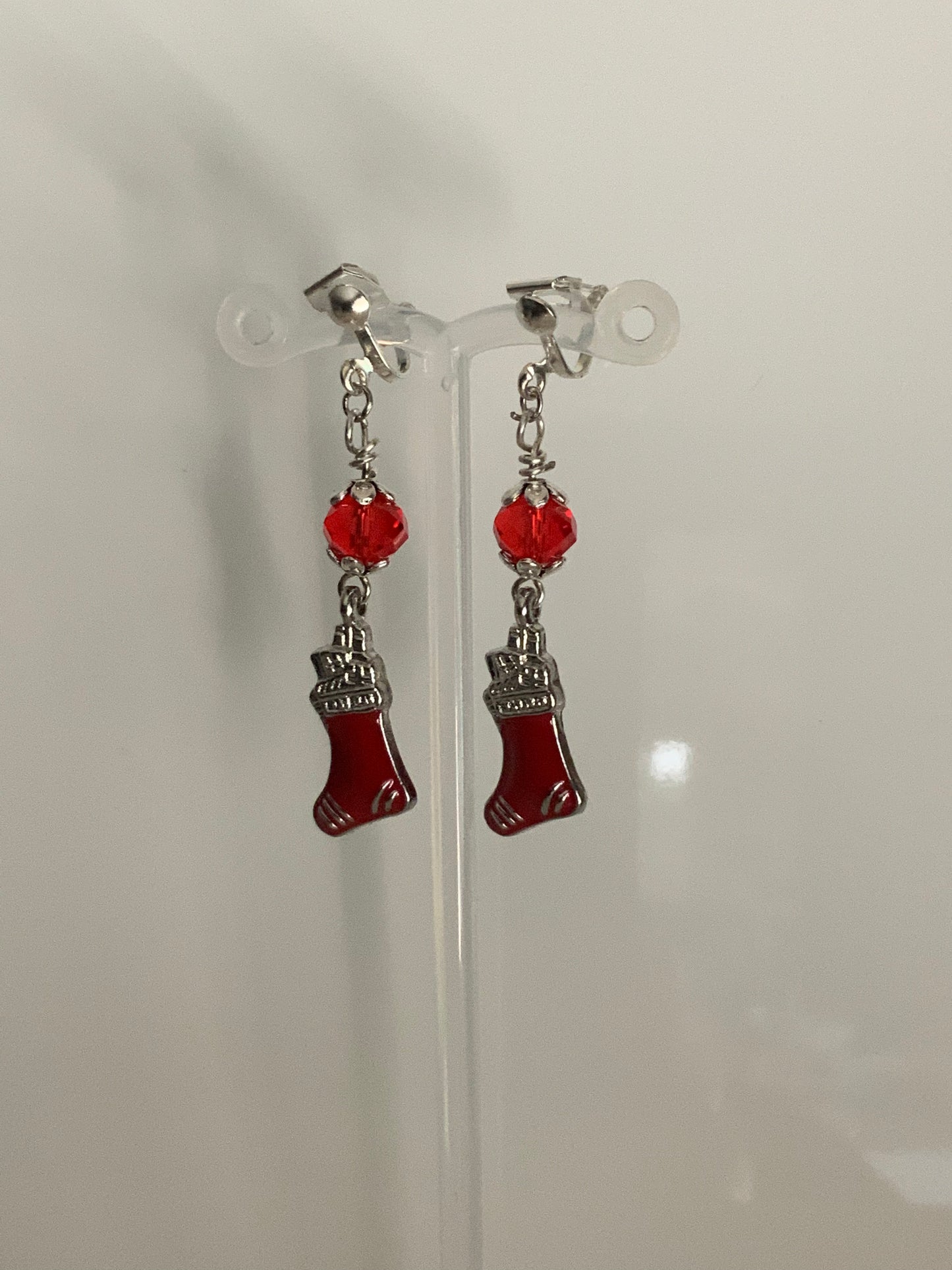 Red Crystal Christmas Stocking Charm Dangle Earrings Pierced and  Clip-On avail
