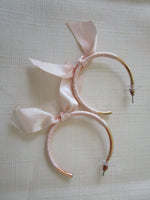 Large Open Ended Gold Plated Hoop with Very Pale Pink Ribbon Bow Dangle Earrings