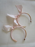 Large Open Ended Gold Plated Hoop with Very Pale Pink Ribbon Bow Dangle Earrings