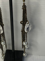 Long Beaded Chain Tassel Dangle Earrings Black with Pearls, Teardrops Ears Hook