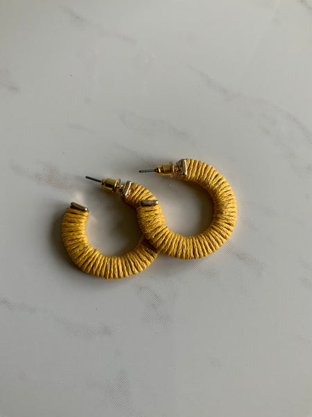 Cotton Weaved Open end Hoop Earrings Gold Plated Pierced Stud Mustard Golden