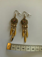 Long Dangle Gold Plated Round Floral Detailed Flower Charm Leaves Pink Centre