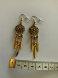 Long Dangle Gold Plated Round Floral Detailed Flower Charm Leaves Pink Centre