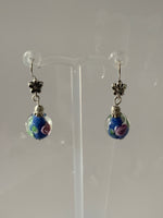 Lampwork Blue & Green Floral Dangle Earrings Silver Plate Pierced