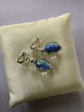 Lampwork Blue & Green  Floral Dangle Earrings Silver Plate Clip-On only