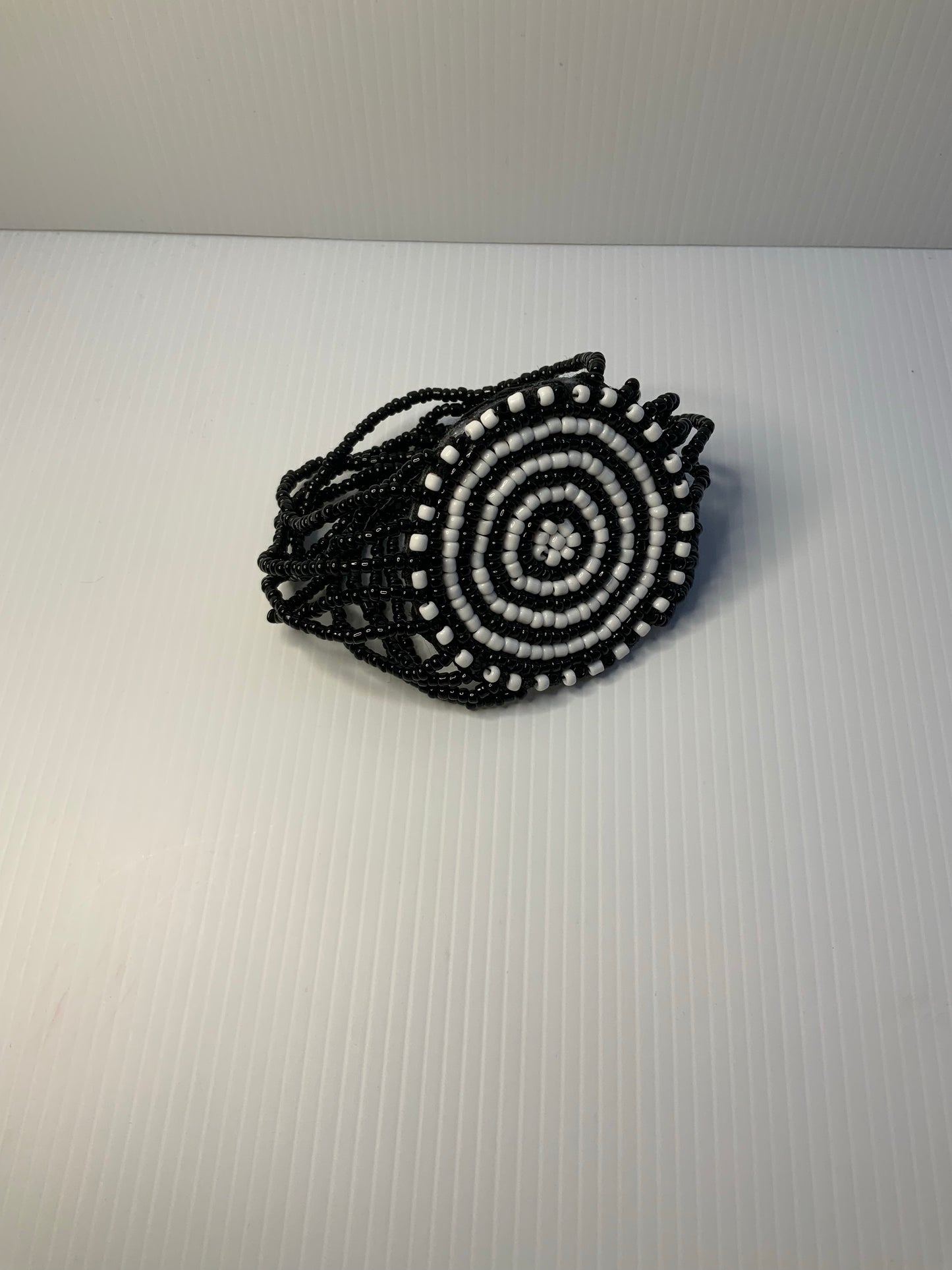Multi Strand Black & White Focal Pendant Wrist Band Stretchy Bracelet