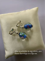 Lampwork Blue & Green Floral Dangle Earrings Silver Plate Pierced