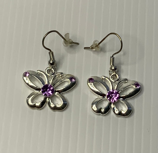 Silver Plate Butterfly Charm Earrings Purple Rhinestone Features - Pierced Ears