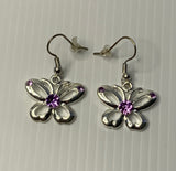 Silver Plate Butterfly Charm Earrings Purple Rhinestone Features - Pierced Ears