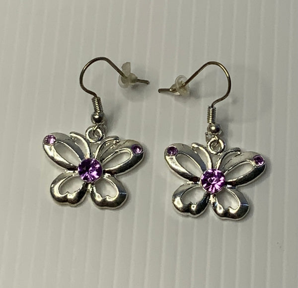 Silver Plate Butterfly Charm Earrings Purple Rhinestone Features - Pierced Ears