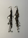 Long Beaded Chain Tassel Dangle Earrings Black with Pearls, Teardrops Ears Hook