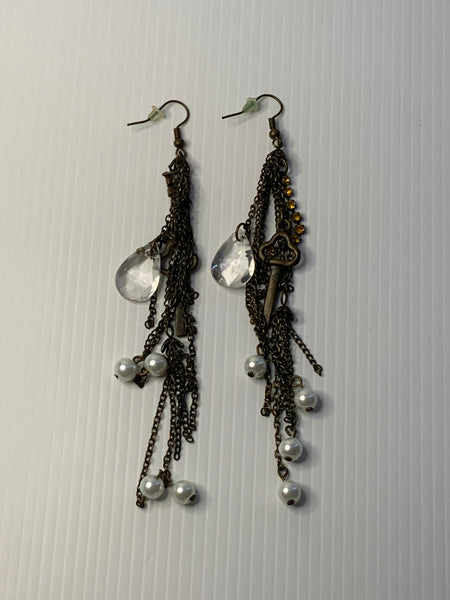 Long Beaded Chain Tassel Dangle Earrings Black with Pearls, Teardrops Ears Hook