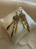 Long Dangle Gold Plated Round Floral Detailed Flower Charm Leaves Pink Centre