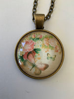 Butterfly & Floral Glass Dome Pendant with Bronzetone Necklace