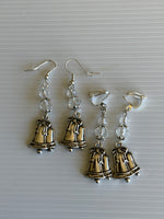 Silver Tone Double Bell Charm Dangle  Earrings Clear Crystals  Hook, Lever Pierced or Clip-on