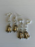 Silver Tone Double Bell Charm Dangle  Earrings Clear Crystals  Hook, Lever Pierced or Clip-on