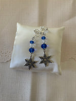 Silver Tone Snowflake Charm Dangle Crystals blue & Crystal Clear  Earrings Pierced or Clip-On  avail