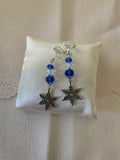 Silver Tone Snowflake Charm Dangle Crystals blue & Crystal Clear  Earrings Pierced or Clip-On  avail