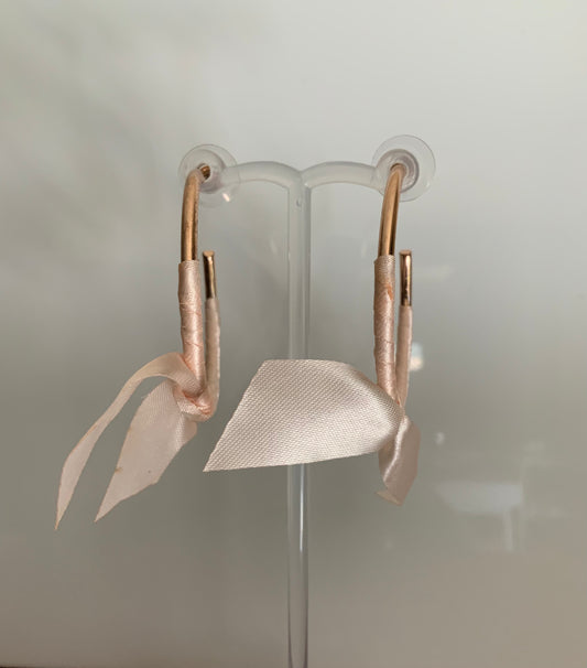 Large Open Ended Gold Plated Hoop with Very Pale Pink Ribbon Bow Dangle Earrings