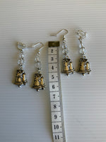 Silver Tone Double Bell Charm Dangle  Earrings Clear Crystals  Hook, Lever Pierced or Clip-on
