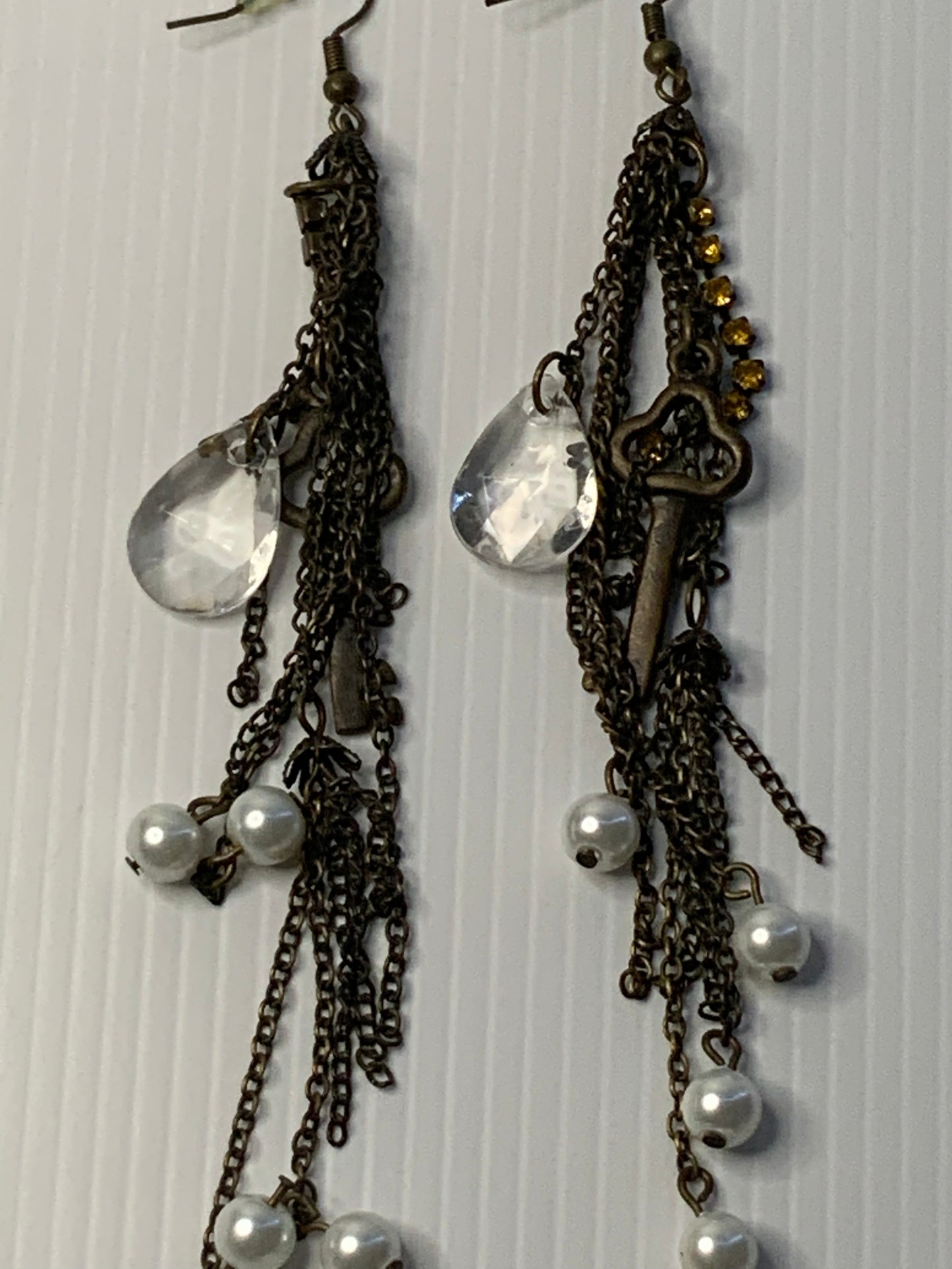 Long Dangle Bronze Coin & Crystal drop, Pears & Rhinestone Earrings - Pierced.