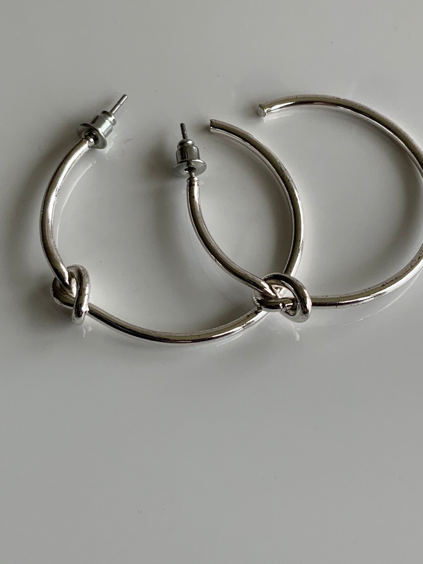 Large Hoop Earrings Silver Plate Plain Smooth Simple Knot Feature - Pierced Post