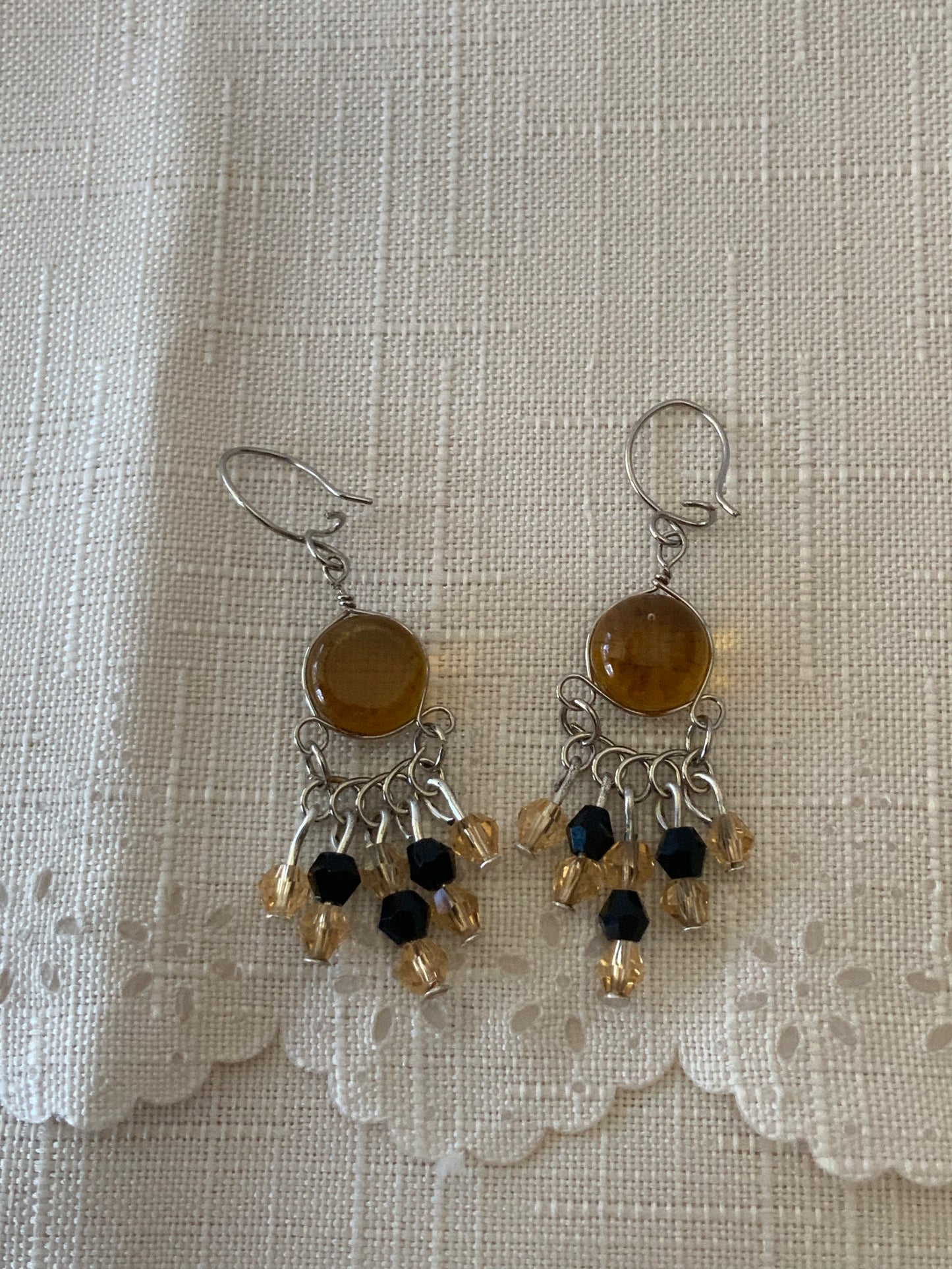 Dangle Amber & Silvertone  lightweight  Chandelier style Earrings Drop Pierced